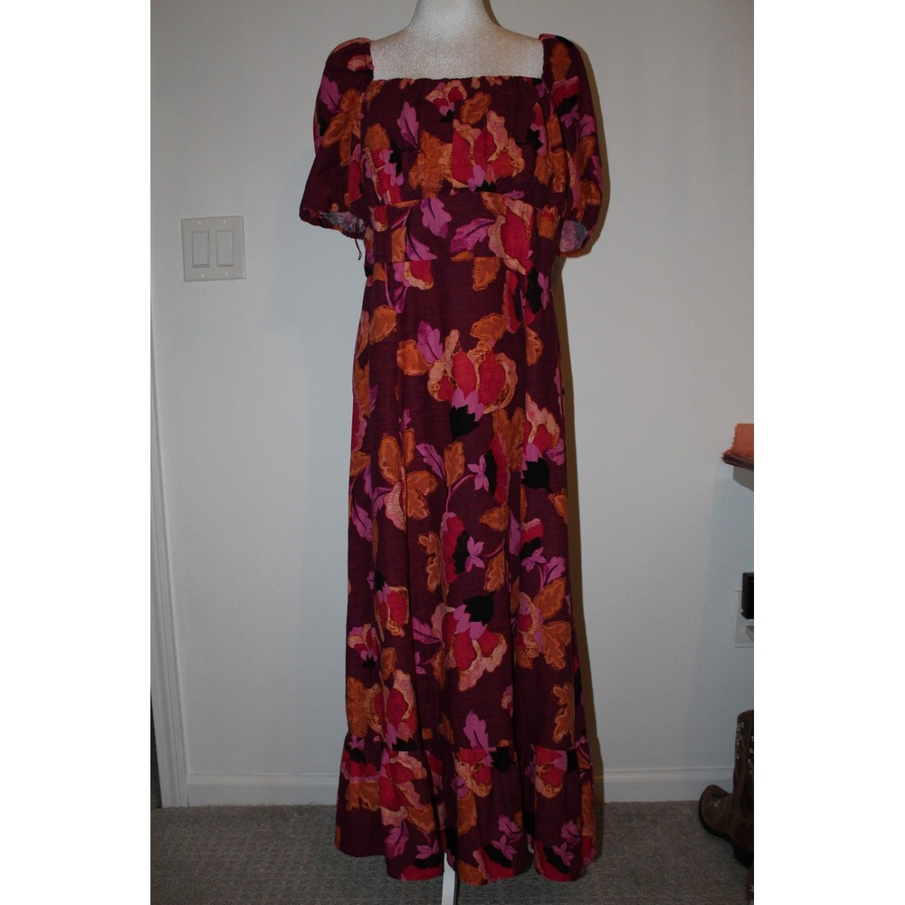 London Times‎ Floral Puff Sleeve Maxi Dress Red Pink Orange Square Neck Sz 16